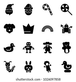 Solid vector icon set - santa claus vector, lollipop, dog, crown, rainbow, robot, duck toy, doll, bear, caterpillar, rabbit