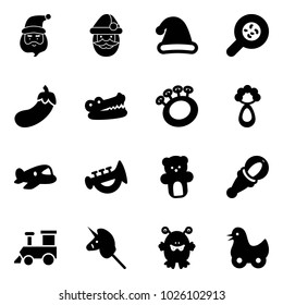 Solid vector icon set - santa claus vector, christmas hat, bacteria, eggplant, crocodile, beanbag, plane toy, horn, bear, train, unicorn stick, monster, duck