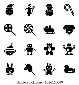 Solid vector icon set - santa claus vector, lollipop, sleigh, dog, christmas elf, robot, bear toy, rabbit, unicorn stick, duck