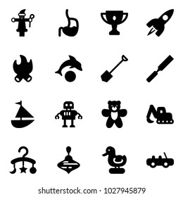 Solid vector icon set - santa claus vector, stomach, gold cup, rocket, fire, dolphin, shovel, rasp, sailboat toy, robot, bear, excavator, baby carousel, wirligig, duck, car