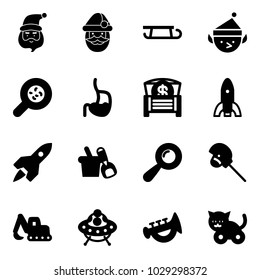 Solid vector icon set - santa claus vector, sleigh, christmas elf, bacteria, stomach, money chest, rocket, shovel bucket, beanbag, horse stick toy, excavator, ufo, horn, cat
