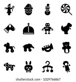 Solid vector icon set - santa claus vector, snowman, lollipop, dog, crown, robot, dinosaur toy, wheel horse, elephant, horn, bear, rabbit, baby carousel, doll