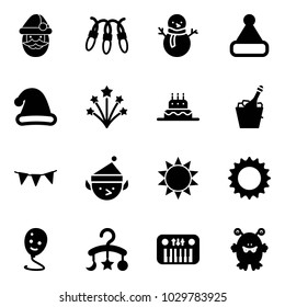 Solid vector icon set - santa claus vector, garland, snowman, christmas hat, firework, cake, champagne, flag, elf, sun, balloon smile, baby carousel, toy piano, monster