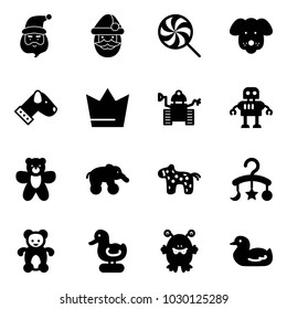 Solid vector icon set - santa claus vector, lollipop, dog, crown, robot, bear toy, elephant wheel, horse, baby carousel, duck, monster