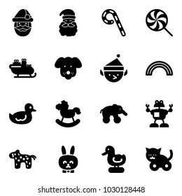 Solid vector icon set - santa claus vector, lollipop, sleigh, dog, christmas elf, rainbow, duck toy, rocking horse, elephant wheel, robot, rabbit, cat