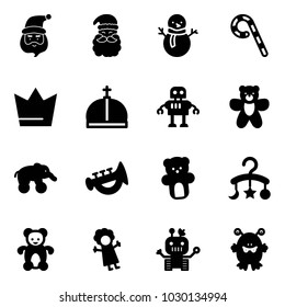 Solid vector icon set - santa claus vector, snowman, lollipop, crown, robot, bear toy, elephant wheel, horn, baby carousel, doll, monster