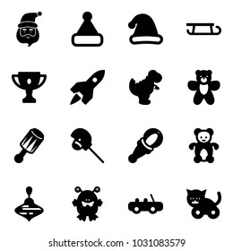 Solid vector icon set - santa claus vector, christmas hat, sleigh, gold cup, rocket, dinosaur toy, bear, beanbag, horse stick, wirligig, monster, car, cat