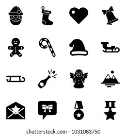 Solid vector icon set - santa claus vector, christmas sock, heart, bell, cake man, lollipop, hat, sleigh, champagne, angel, mountains, star letter, bow message, medal