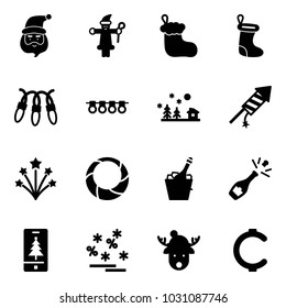 Solid vector icon set - santa claus vector, christmas sock, garland, landscape, firework rocket, wreath, champagne, mobile, sale, deer hat, cent
