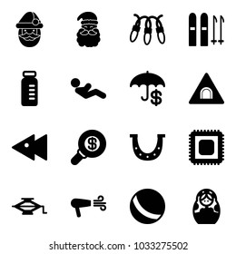 Solid vector icon set - santa claus vector, garland, ski, vial, abdominal muscles, insurance, tunnel road sign, fast backward, search money, luck, cpu, jack, dryer, ball, russian doll