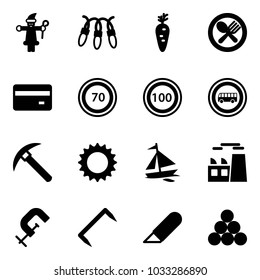 Solid vector icon set - santa claus vector, garland, carrot, fork spoon plate, credit card, speed limit 70 road sign, 100, no bus, rock axe, sun, sail boat, plant, clamp, staple, work knife