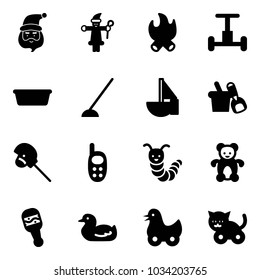 Solid vector icon set - santa claus vector, fire, gyroscope, basin, hoe, sailboat toy, shovel bucket, horse stick, phone, caterpillar, bear, beanbag, duck, cat