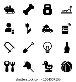 Solid vector icon set - santa sleigh vector, broken bone, weight, growth, winner, tulip, car baggage, server wireless, fretsaw, shovel, bulb, brush, fork toy, unicorn stick, duck, basketball