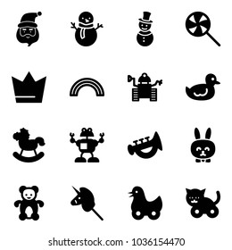 Solid vector icon set - santa claus vector, snowman, lollipop, crown, rainbow, robot, duck toy, rocking horse, horn, rabbit, bear, unicorn stick, cat