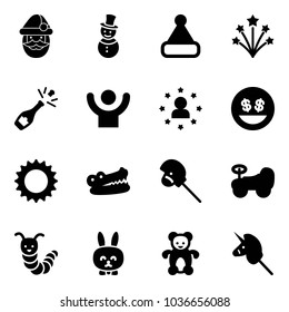 Solid vector icon set - santa claus vector, snowman, christmas hat, firework, champagne, success, star man, money smile, sun, crocodile, horse stick toy, baby car, caterpillar, rabbit, bear, unicorn