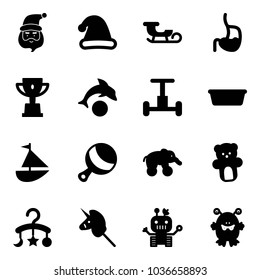Solid vector icon set - santa claus vector, christmas hat, sleigh, stomach, win cup, dolphin, gyroscope, basin, sailboat toy, beanbag, elephant wheel, bear, baby carousel, unicorn stick, robot
