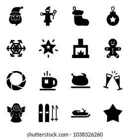 Solid vector icon set - santa claus vector, christmas sock, ball, snowflake, star, fireplace, cake man, wreath, tea, turkey, wine glasses, angel, ski, snowmobile, medal