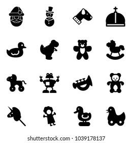 Solid vector icon set - santa claus vector, snowman, dog, crown, duck toy, dinosaur, bear, rocking horse, wheel, robot, horn, unicorn stick, doll