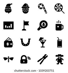 Solid vector icon set - santa claus vector, lollipop, statistics, flag, head hunter, green tea, finance management, luck, drink, dragonfly, wireless lock, bolt cutter, doll