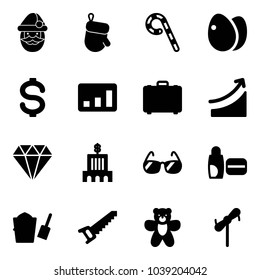 Solid vector icon set - santa claus vector, christmas glove, lollipop, eggs, dollar, statistics, case, rise, diamond, bank building, sunglasses, uv cream, bucket scoop, saw, bear toy, windmill