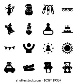 Solid vector icon set - santa claus vector, garland, bell, snowman, christmas hat, cake, flag, success, star man, sun, car toy, crocodile, bear
