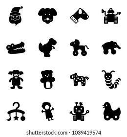 Solid vector icon set - santa claus vector, dog, robot, crocodile, dinosaur toy, wheel horse, elephant, doll, bear, caterpillar, baby carousel, duck