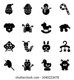Solid vector icon set - santa claus vector, snowman, lollipop, dog, robot, rocking horse, elephant wheel, ufo toy, caterpillar, rabbit, baby carousel, unicorn stick, duck, monster