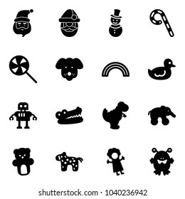 Solid vector icon set - santa claus vector, snowman, lollipop, dog, rainbow, duck toy, robot, crocodile, dinosaur, elephant wheel, bear, horse, doll, monster