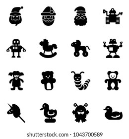 Solid vector icon set - santa claus vector, robot, rocking horse, wheel, doll, bear toy, caterpillar, unicorn stick, duck, monster