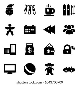 Solid vector icon set - santa claus vector, garland, tea, ski, gymnastics, schedule, fast backward, group, building, money bag, finance management, wireless lock, monitor, ball, doll, toy car
