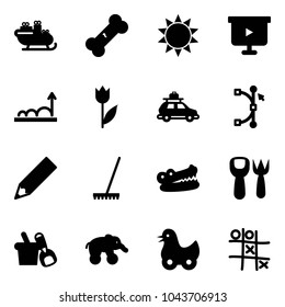 Solid vector icon set - santa sleigh vector, broken bone, sun, presentation board, growth, tulip, car baggage, bezier, pencil, rake, crocodile, shovel fork toy, bucket, elephant wheel, duck