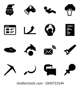 Solid vector icon set - santa claus vector, dog, abdominal muscles, broccoli, website, growth arrow, man globe, document, woman hat, dolphin, wireless mail, saw, axe, sickle, machine tool, oiler