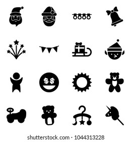 Solid vector icon set - santa claus vector, garland, bell, firework, flag, sleigh gift, christmas elf, success, money smile, sun, bear toy, baby car, carousel, unicorn stick