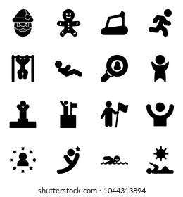 Solid vector icon set - santa claus vector, cake man, treadmill, run, pull ups, abdominal muscles, head hunter, success, winner, win, star, flying, swimming, reading