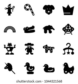 Solid vector icon set - santa claus vector, lollipop, dog, crown, rainbow, crocodile, elephant wheel, ufo toy, robot, doll, horse, baby carousel, unicorn stick, duck