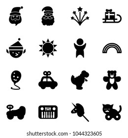 Solid vector icon set - santa claus vector, firework, sleigh gift, christmas elf, sun, success, rainbow, balloon smile, car toy, dinosaur, bear, baby, piano, unicorn stick, cat