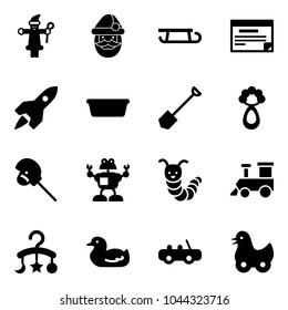 Solid vector icon set - santa claus vector, sleigh, schedule, rocket, basin, shovel, beanbag, horse stick toy, robot, caterpillar, train, baby carousel, duck, car