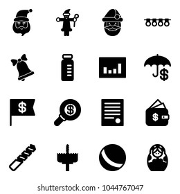 Solid vector icon set - santa claus vector, garland, bell, vial, statistics, insurance, dollar flag, search money, agreement, finance management, drill, crown, ball, russian doll