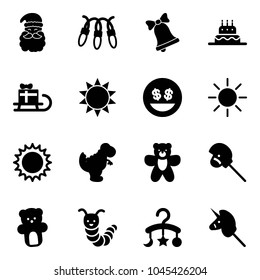 Solid vector icon set - santa claus vector, garland, bell, cake, sleigh gift, sun, money smile, dinosaur toy, bear, horse stick, caterpillar, baby carousel, unicorn