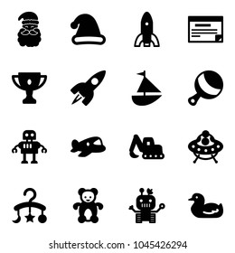 Solid vector icon set - santa claus vector, christmas hat, rocket, schedule, gold cup, sailboat toy, beanbag, robot, plane, excavator, ufo, baby carousel, bear, duck