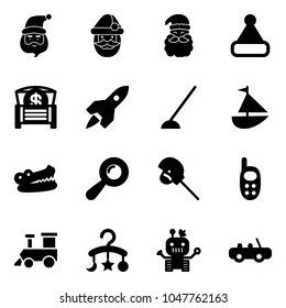 Solid vector icon set - santa claus vector, christmas hat, money chest, rocket, hoe, sailboat toy, crocodile, beanbag, horse stick, phone, train, baby carousel, robot, car
