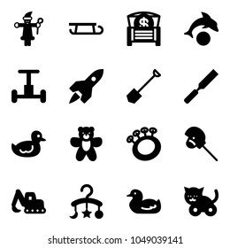 Solid vector icon set - santa claus vector, sleigh, money chest, dolphin, gyroscope, rocket, shovel, rasp, duck toy, bear, beanbag, horse stick, excavator, baby carousel, cat