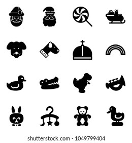 Solid vector icon set - santa claus vector, lollipop, sleigh, dog, crown, rainbow, duck toy, crocodile, dinosaur, horn, rabbit, baby carousel, bear