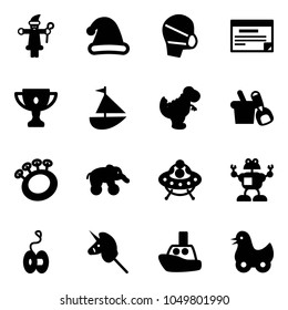 Solid vector icon set - santa claus vector, christmas hat, medical mask, schedule, gold cup, sailboat toy, dinosaur, shovel bucket, beanbag, elephant wheel, ufo, robot, yoyo, unicorn stick, boat