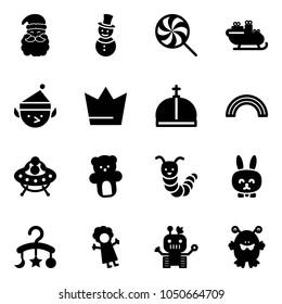 Solid vector icon set - santa claus vector, snowman, lollipop, sleigh, christmas elf, crown, rainbow, ufo toy, bear, caterpillar, rabbit, baby carousel, doll, robot, monster