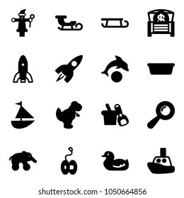 Solid vector icon set - santa claus vector, sleigh, money chest, rocket, dolphin, basin, sailboat toy, dinosaur, shovel bucket, beanbag, elephant wheel, yoyo, duck, boat
