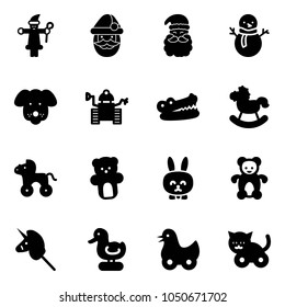 Solid vector icon set - santa claus vector, snowman, dog, robot, crocodile, rocking horse, wheel, bear toy, rabbit, unicorn stick, duck, cat