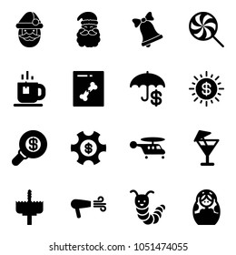 Solid vector icon set - santa claus vector, bell, lollipop, tea, x ray, insurance, dollar sun, search money, managemet, helicopter, drink, crown drill, dryer, toy caterpillar, russian doll
