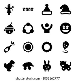 Solid vector icon set - santa claus vector, garland, christmas hat, elf, community, success, money smile, fizz opening, sun, balloon, dinosaur toy, elephant wheel, rabbit, cat