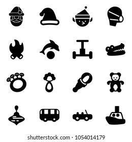 Solid vector icon set - santa claus vector, christmas hat, elf, medical mask, fire, dolphin, gyroscope, crocodile, beanbag, bear toy, wirligig, bus, car, boat